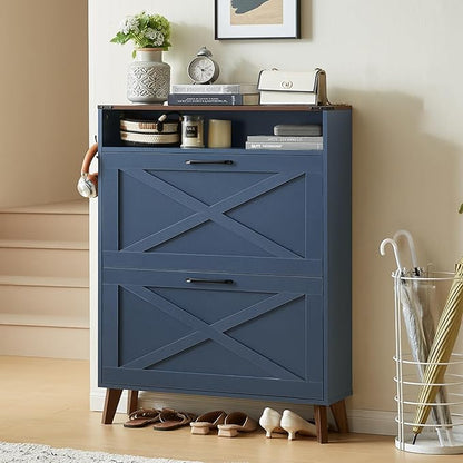 Shoe Storage Cabinet with 2 Flip Drawers, Farmhouse Shoe Organizer for Entryways, Narrow Hidden Rack & Open Storage, Free Standing Closet for Foyers, Hallways, Navy Blue