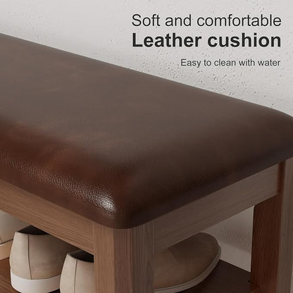 AQIMUELE Shoe Bench with Leather Cushion, 3 Tiers Shoe Storage Bench Height Adjustable, Walnut Wood Entryway Bench for Hallway, Mudroom