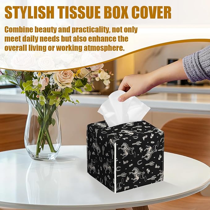 Western Cowboy Tissue Box Cover 2PCS, Leather Tissue Box Holder Square Facial Paper Case Tissue Box Cube Organizer for Bathroom Bedroom Desk Office