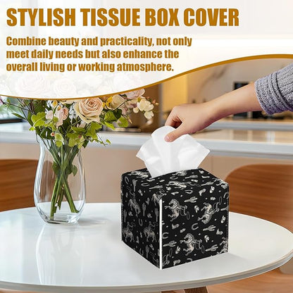Western Cowboy Tissue Box Cover 2PCS, Leather Tissue Box Holder Square Facial Paper Case Tissue Box Cube Organizer for Bathroom Bedroom Desk Office