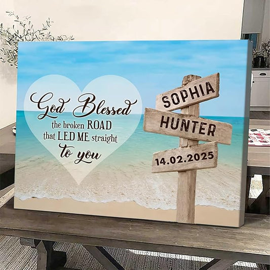 Love Signal Personalized Couple Canvas Wall Art, Custom Valentines Day, Anniversary, Wedding, Birthday Gift for Couples, Husband, Wife Customizable Name and Photo Wall Decor for Bedroom Living Room