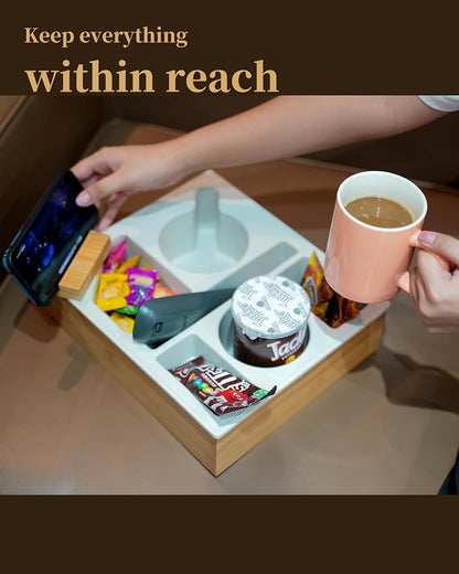 Couch Cup Holder Tray, Hitseon Silicone Bamboo Couch Caddy with Rotatable Phone Holder for Bed Car Seat Organizer, Waterproof Anti-Spill Couch Drink Holder for Snacks Beverage Remote (Black)