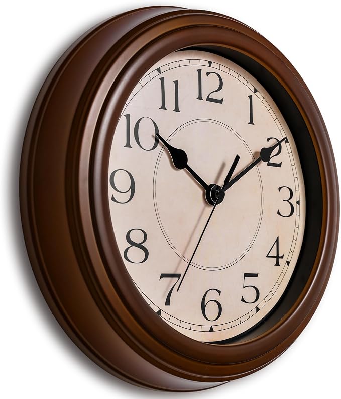 KECYET Wall Clock, 9 Inch Silent Battery Operated Non-Ticking Wall Clock Classic Decorative for Living Room, Kitchen,Office, Bedrooms(Brown)