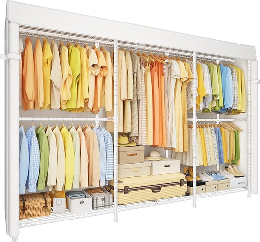 ULIFHOME E14C Max Heavy Duty Closet Organizer System，Freestanding Clothing Racks for Hanging Clothes，Adjustable Garment Rack 86" W × 16" D × 77" H Hold 1060 lbs，White Rack with White Cover