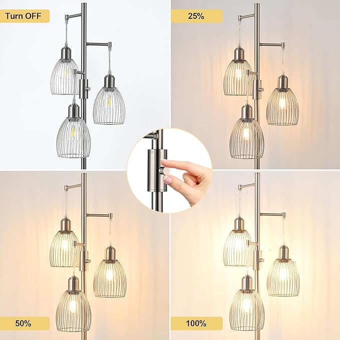 Nintiue Dimmable Floor Lamp, 3 x 800LM LED Edison Bulbs Included, Industrial Floor Lamp Standing Tree Lamp with Elegant Teardrop Cage Heads Tall Lamps for Living Room Bedroom-Brushed Nickel