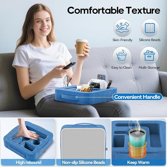 Couch Cup Holder Pillow, Sofa and Bed Caddy for iPad, Kindle, Switch, Game Controller, Remotes, Phones, Small-Sized Cup and Drink Holder for Couch, Bed, Desk, Car, Beach, Bathroom Cup Holder, Blue