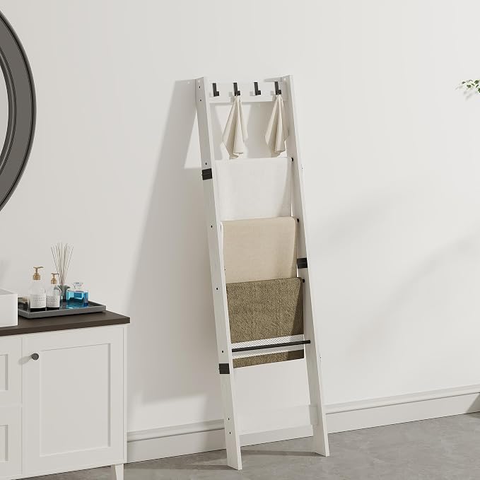 TRIFEBLE 6 Tier Blanket Ladder Shelf for Living Room and Bedroom, Ladder Holder with 4 Metal Hooks, 5.2ft Blanket Quilt Holder Rack, Farmhouse Ladder Rack for Storage and Home Decor, White