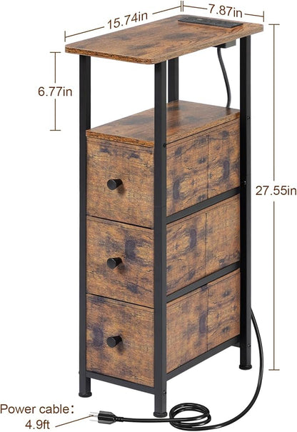 Narrow End Table Living Room with Charging Station, Skinny Side Table with Fabric Drawers, Slim Nightstand for Bedroom, Small Spaces, Couch, Rustic Brown, HETNDP03PBR-1