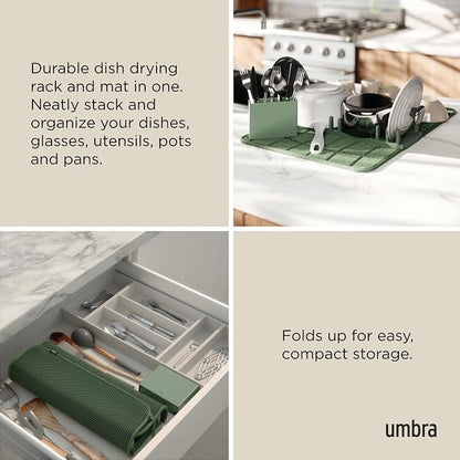 Umbra UDry Dish Drying Rack with Mat – Kitchen Countertop Dish Drainer & Absorbent Microfiber Drying Mat, Foldable Dish Rack Organizer for Plates, Cups & Utensils, Spruce
