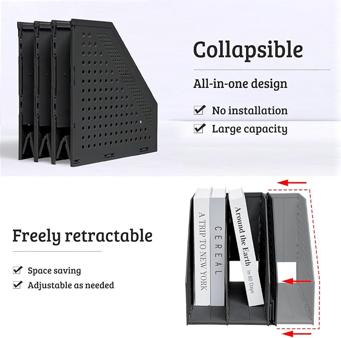 SAYEEC 2Pcs Collapsible Plastic Magazine File Holder Vertical Binder Storage Organizer for Desk Sturdy Upright Desktop Magazine Organizer Folder Rack for Office School Home (3 Compartments, Black)