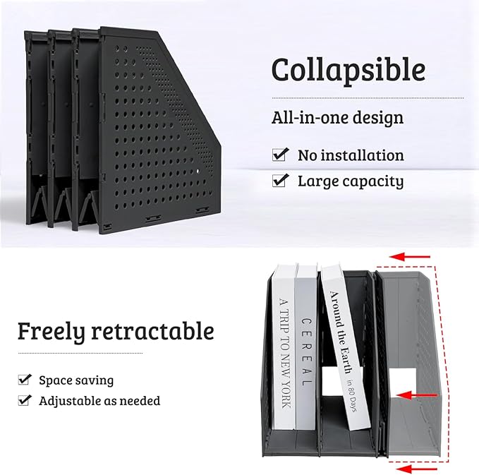 SAYEEC 1Pcs Collapsible Plastic Magazine File Holder Vertical Binder Storage Organizer for Desk Sturdy Upright Desktop Magazine Organizer Folder Rack for Office School Home (3 Compartments, Black)