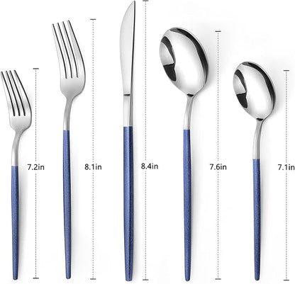 VANVRO Mirror Silver Blue Silverware Set, 20-Piece Stainless Steel Flatware Set, Satin Finish tableware Cutlery Set, Service for 4, Home and Restaurant, Dishwasher Safe