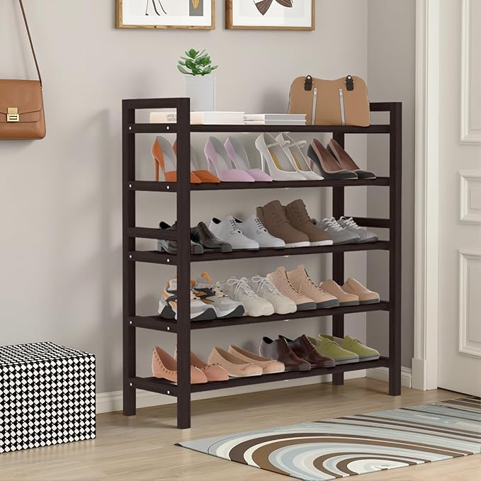 Haddockway Bamboo Shoe Rack for Closet, Free Standing Shoe Organizer with Smooth Round Rods & Convenient Handles, Stackable Shoe Storage Shelf for Entryway, Hallway(Brown, 5-Tier)