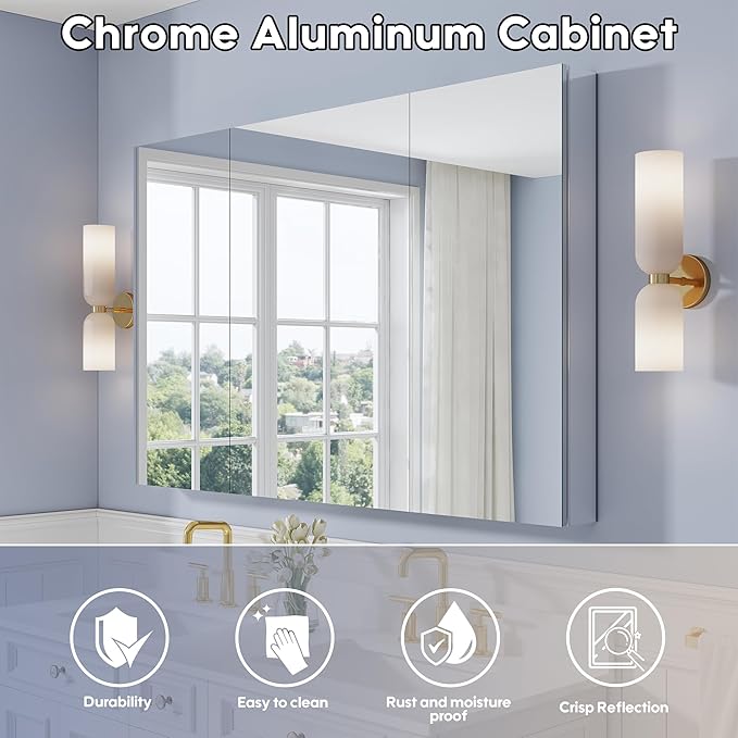 WELLFOR 56" x 36" Bathroom Medicine Cabinet with Mirror, Anodized Chrome Aluminum Frame, Surface Mount or Recessed Medicine Cabinet with Mirror, Bathroom Mirror with Storage, Three Doors