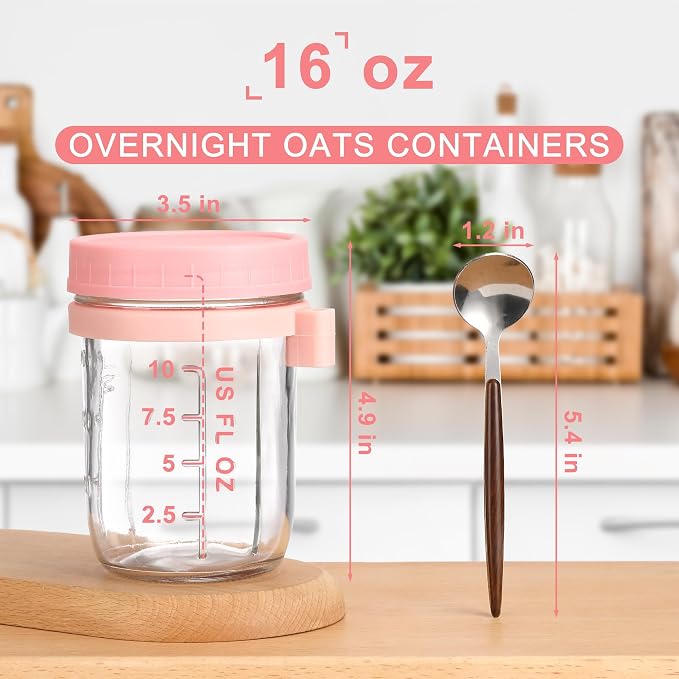 16oz Glass Mason Overnight Oats Jars, Cereal, Yogurt, Salad Lunch,Glass Overnight Oats Containers with Lids and Spoon, Container with Measurement Marks - (Pink-2Pcs)