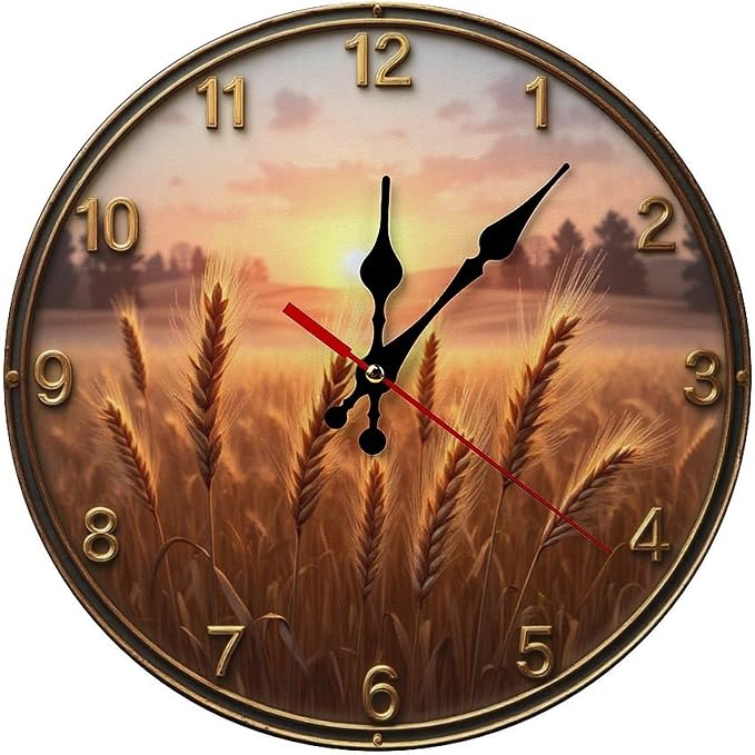Wall Clock， Rustic Sunset Wheat Field Non Ticking Wall Clocks Battery Operated， Brown Wooden Wall Clocks for Kitchen， Living Room， Bedroom， Office， Bathroom Decorative 25 * 25cm
