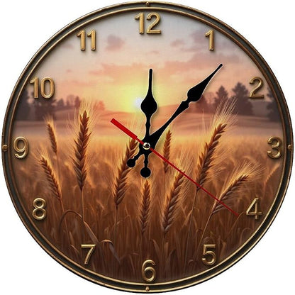 Wall Clock， Rustic Sunset Wheat Field Non Ticking Wall Clocks Battery Operated， Brown Wooden Wall Clocks for Kitchen， Living Room， Bedroom， Office， Bathroom Decorative 25 * 25cm