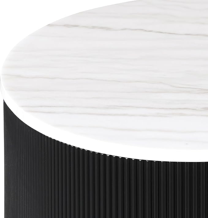 Furniture of America Beryl Modern Round White Genuine Marble Top Coffee Table with Fluted Pedestal Base and Gold Stainless Steel Accent, Low Profile Table for Living Room, Home Office, Black