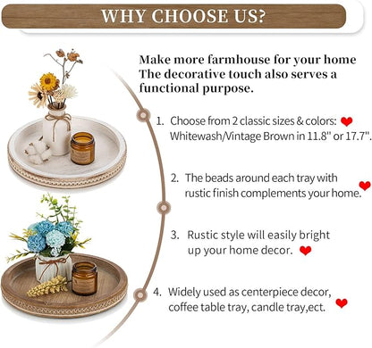 Hanobe Round Wooden Tray Decor: Decorative Candle Plate Holder Tray for Coffee Table - Rustic Farmhouse Table Centerpiece for Home Living Room Kitchen Counter(Brown)