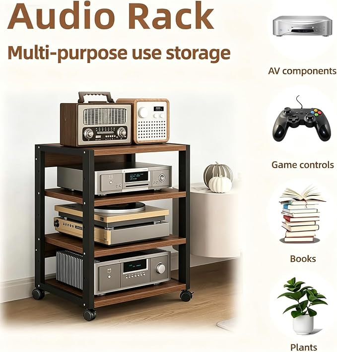 4 Tier AV Media Stand, Audio Rack Tower Stereo Components Cabinet, Home Theatre CD Record Player Stereo Receiver Equipment Rack with Adjustable Wood Shelves, Load 220lbs (Walnut Brown)