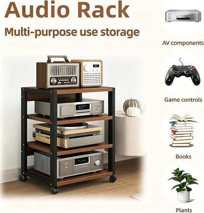 4 Tier AV Media Stand, Audio Rack Tower Stereo Components Cabinet, Home Theatre CD Record Player Stereo Receiver Equipment Rack with Adjustable Wood Shelves, Load 220lbs (Walnut Brown)