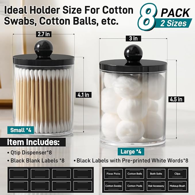 8 Pack Acrylic Qtip Holder Dispenser for Cotton Swabs, Balls, Pads, Floss - Plastic Canister Apothecary Jar Set, Bathroom Essentials Accessories Decor Vanity Makeup Storage Organizer - Clear & Black