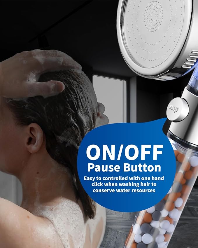 Filtered Shower Head for Hard Water with Stop, High Pressure 4-Mode Shower Heads Built-in Power Spray to Clean Corner, Tub & Pets, Water Softener Handheld Shower to Remove Chlorine & Fluoride