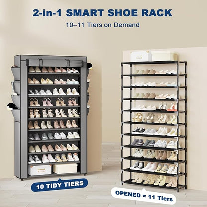 Mavivegue Shoe Rack with Cover, 10+1 Tier Tall Shoe Storage for 50-55 Pairs of Shoes, Shoe Organizer for Entryway, Closet, Garage, Grey