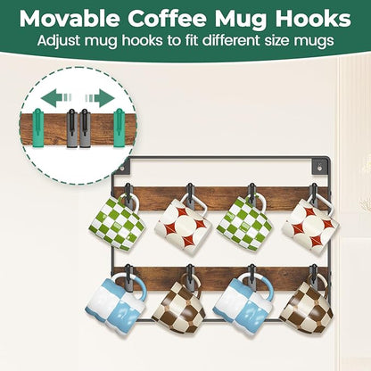 EsLuker.ly Mug Holder Hanger Rack Wall Mounted Wooden 2 Pack Coffee Cup Storage Organizer Display Shelf with 16 Movable Plastic Hooks, Ideal for Mug Collectors