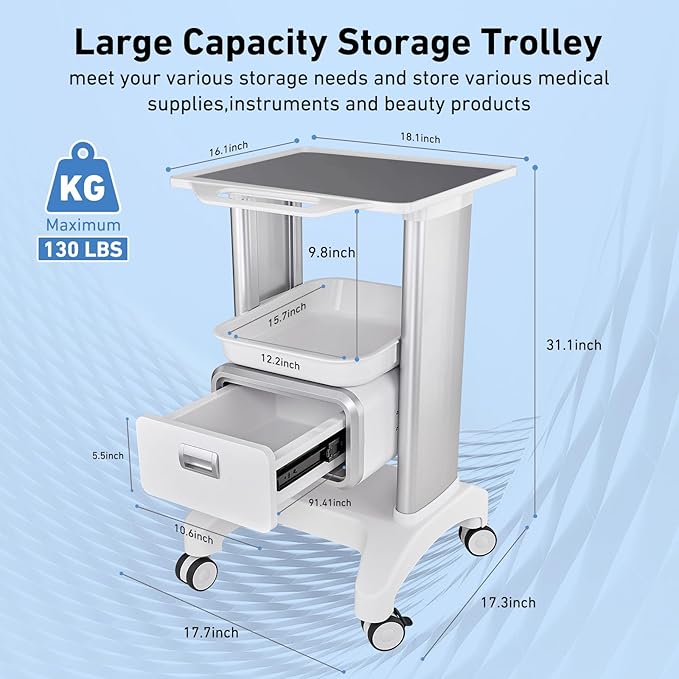 Portable Professional Medical Trolley Cart Load 130 Lbs with Drawers and Silent Wheels for Beauty SPA Home Hospital Office Medical Clinic