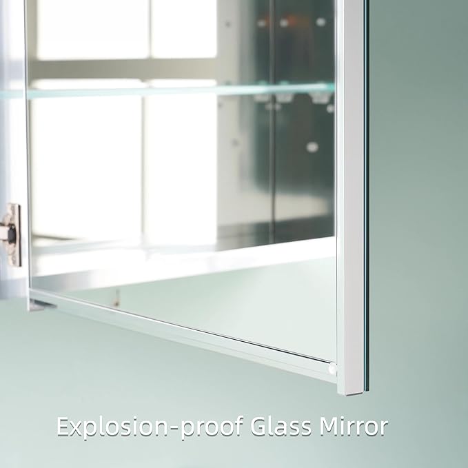 WELLFOR 30" x 30" Bathroom Medicine Cabinet, Anodized Chrome Aluminum Frame, Medicine Cabinet with Adjustable Glass Shelves, Bathroom Mirrored Cabinet, Surface or Recessed Mount, Double Doors