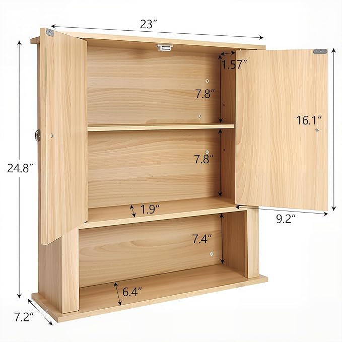 Bathroom Cabinet Wall Mount, Over The Toilet Storage Cabinet, Medicine Cabinet with 2 Doors, Bathroom Storage Cabinet, Upper Storage Cabinets for Kitchen Laundry Room (Nature)