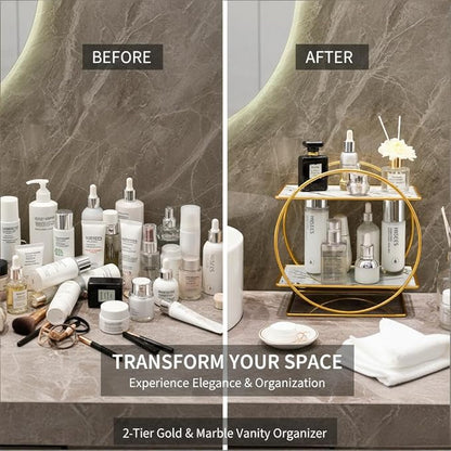 MLVOC Gold Makeup Organizer Countertop, Skincare Organizer with Gold Finish, Durable Metal Storage for Bathroom or Bedroom Vanity, Tall Spacious Design for Large Bottles