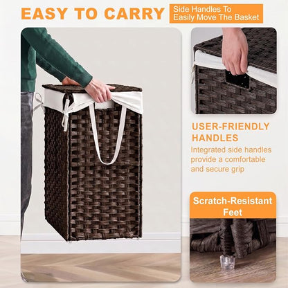 FDW Handwoven Laundry Hamper with Lid, 110L Foldable Rattan Clothes Basket with 2 Removable Liners & 6 Mesh Laundry Bags for Bathroom Bedroom, Brown