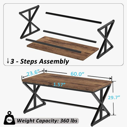 IBF Industrial Computer Desk, Rustic Wooden Metal Executive Office Desks, Large Long Simple Gaming Computer Desk Table, Wood Student Study Computer Table for Bedroom Living Room, Rustic Brown, 60 Inch