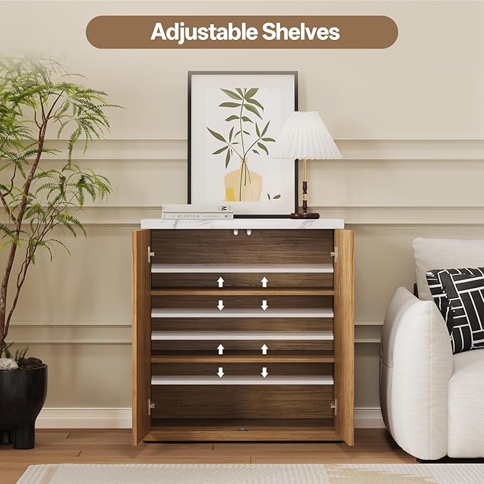 31” Sideboard Cabinet with Storage, Fluted Accent Cabinet with Adjustable Shelves, Modern Wood Credenza Cabinets with Pop-up Doors for Entryway Kitchen Living Room Hallway, Faux Marble Top 4pcs