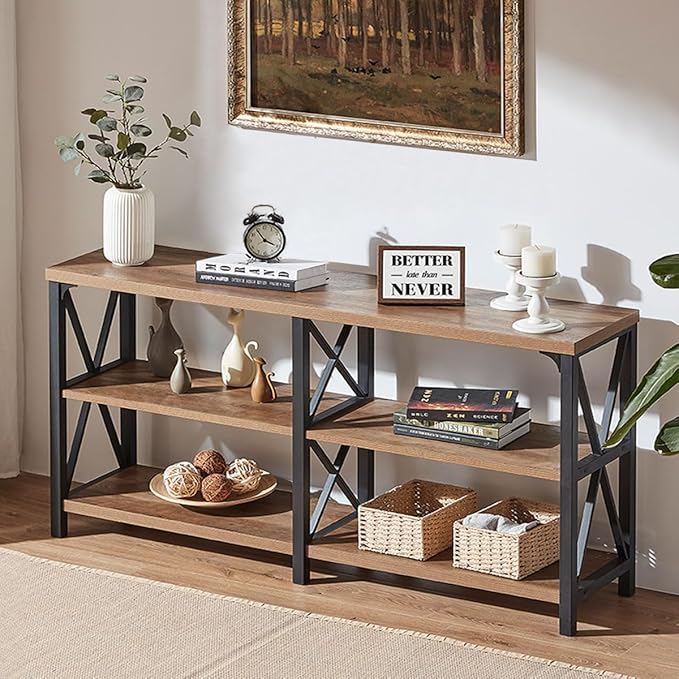 IBF Farmhouse Entryway Table, Rustic Long Console Table Behind Couch, Modern Metal Wooden Sofa Table with Storage Shelves, 3 Tier Foyer Hallway Table for Livingroom, Rustic Oak,63 in