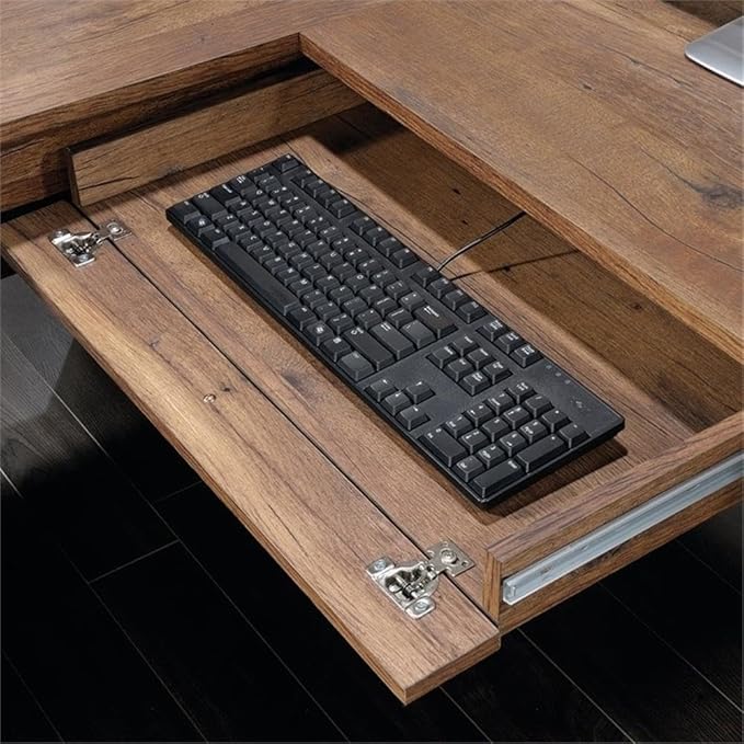 Pemberly Row Home Office L Shaped Corner Desk with Computer Tower Storage and Letter/Legal File Drawer, Vintage Oak