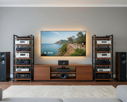 7 Tier AV Media Stand, 55in Audio Rack Tower Stereo Component Cabinet, Home CD Record Player Receiver Audio Equipment Rack with Adjustable Wood Shelves, Load 400lbs (Walnut Brown)