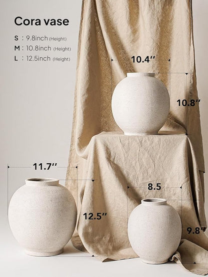 White Ceramic Vase - Large 12.5 Inch Round Floor Vase for Centerpieces, Farmhouse Flower Vases, Rustic Minimalist Home Decor (Sandstone White)