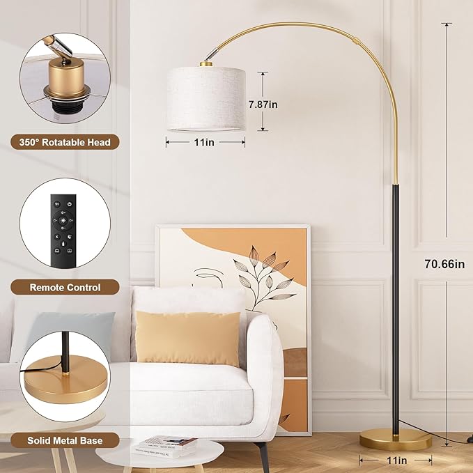 Ambimall Dimmable Arc Floor Lamp with Remote, Color Temperatures and Brightness Adjustable, Arched Floor Lamp with Rotating Head, Over Couch Arched Reading Light for Living Room (Black and Gold)