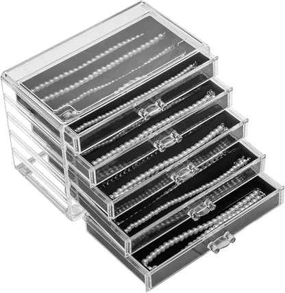 YUFONG Necklace Holder Organizer, Dustproof Necklace Box Velvet Necklace Organizer Box with Lid Clear Acrylic Dustproof Stackable Jewelry Displays for Necklaces Chain Display (Black, 5 Drawer)