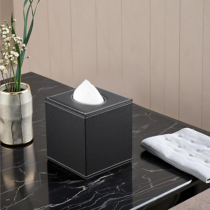 KINGFOM Square Pu Leather Tissue Box Cover, Modern Facial Tissue Holder, Roll Tissues Paper Case Dispenser for Bathroom Vanity Countertop, Night Stands, Office Desk & Car(Black)