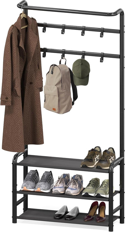 Simple Houseware Coat Rack with Storage Shelf, Freestanding Hall Tree with Hooks for Entryway, Bedroom, Office, Black Metal Clothes Hanger Stand for Coats, Hats, Jackets, Bags - Black