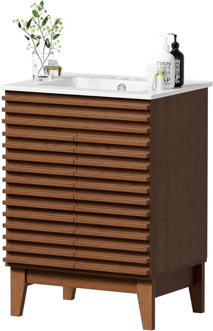 APRILSOUL 24" Bathroom Vanity with Ceramic Sink, Mid-Century Bathroom Vanity Cabinet with 2 Soft Closing Doors, Freestanding Bathroom Vanity, Particleboard Frame with Wood Grain Laminate, Walnut