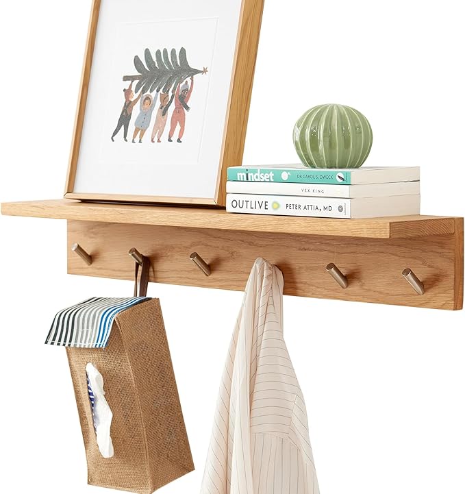 Wall Hooks with Shelf Oak Wood Coat Rack Shelf Wall Mounted, Entryway Shelves with 6 Metal Hangers for Clothes Hats Towel for Bathroom, Bedroom, Living Room (Natural, 27.5 inches)