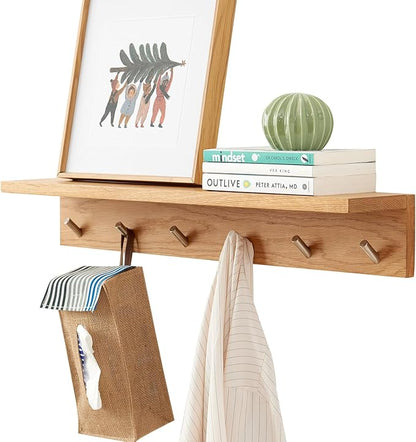 Wall Hooks with Shelf Oak Wood Coat Rack Shelf Wall Mounted, Entryway Shelves with 6 Metal Hangers for Clothes Hats Towel for Bathroom, Bedroom, Living Room (Natural, 27.5 inches)