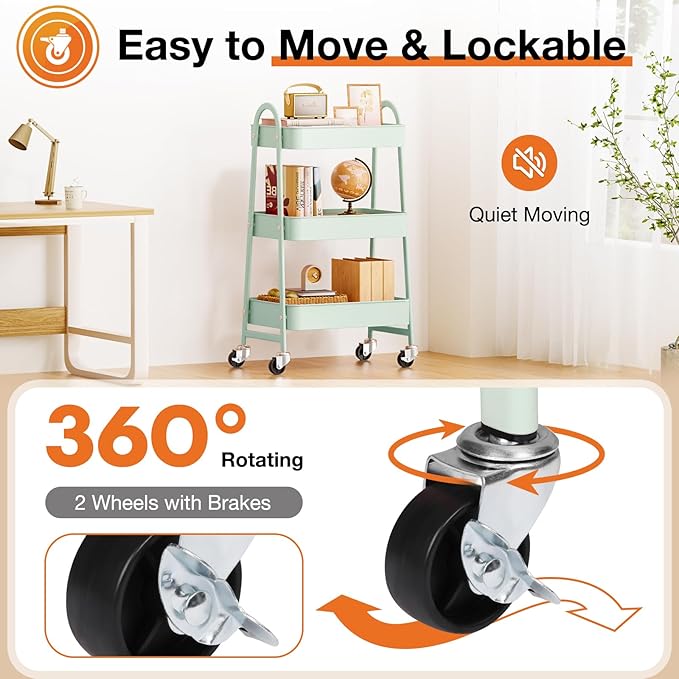 NEWBULIG 3-Tier Metal Rolling Cart with Lockable Wheels, Heavy Duty Mobile Utility Storage Shelf, Roller Book Snack Cart, Organization for Livingroom, Bathroom, Office, Green