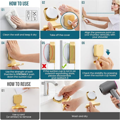 TAILI Powerful Suction Cup Razor Holder 2 Pack, Stylish 304 Stainless Steel Bathroom Suction Hooks for Towel, Loofah, Bathrobe, Shaver Holder for Shower Wall, Easy to Install and Reuse, Gold