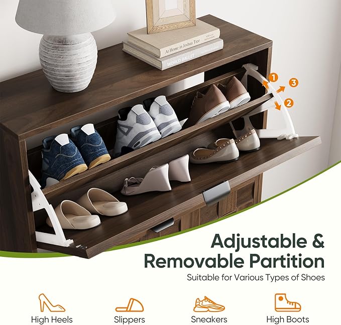 29.5“W Shoe Cabinet with 2 Embossed Checkerboard Pattern Flip Drawers, Freestanding Shoe Storage Cabinet with Solid Wooden Legs, Hidden Shoe Organizer for Entryway, Hallway, Walnut